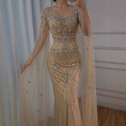 Muslim Nude Mermaid Evening Dress with Overskirt Split Beaded LA71995