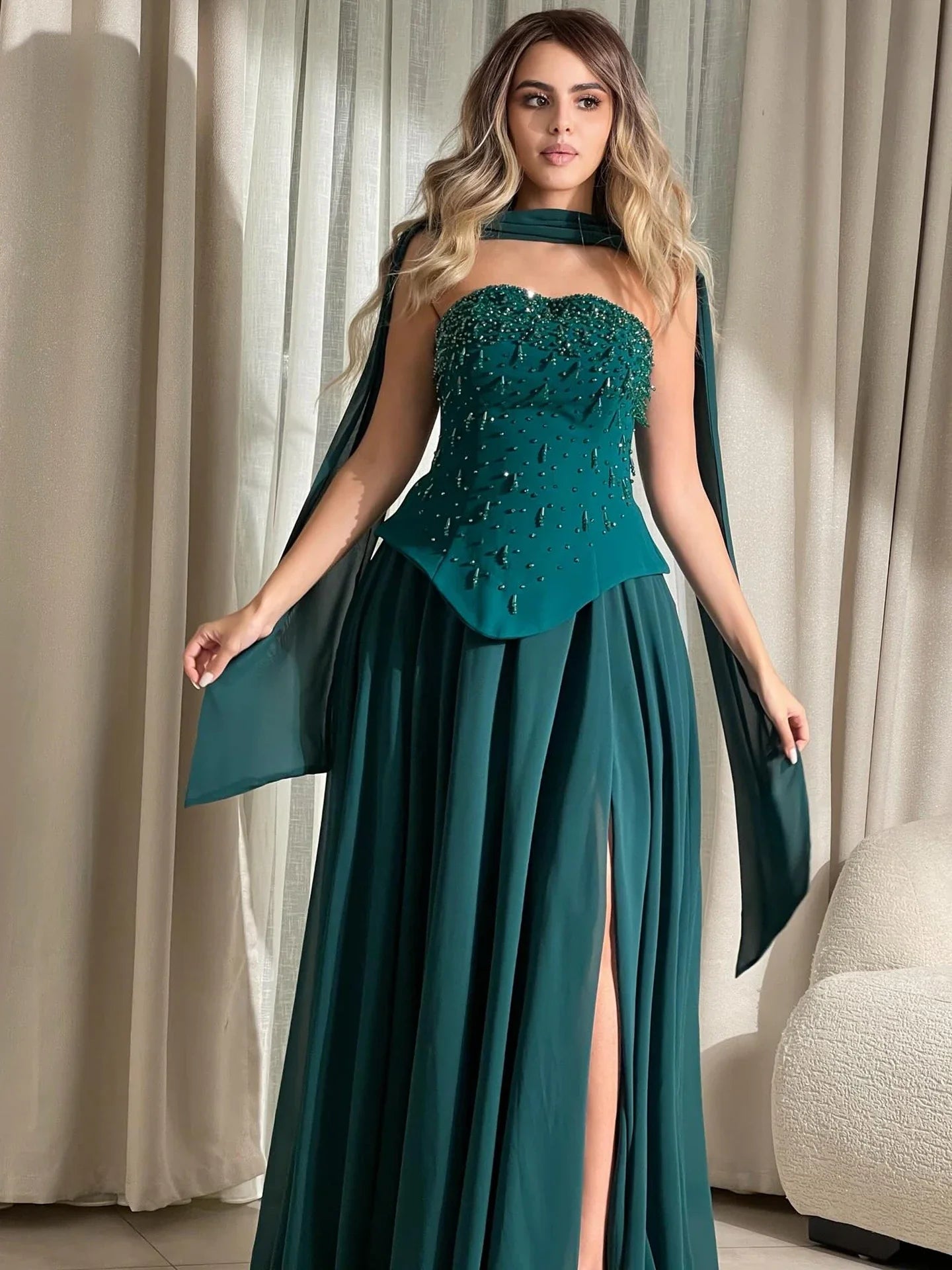 Luxury Green Beaded Corset Evening Dress with Cape LA73367