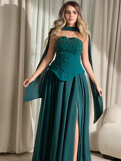 Luxury Green Beaded Corset Evening Dress with Cape LA73367