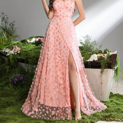Pink 3D Flower Dubai Off-Shoulder A-Line Evening Dress LA73227