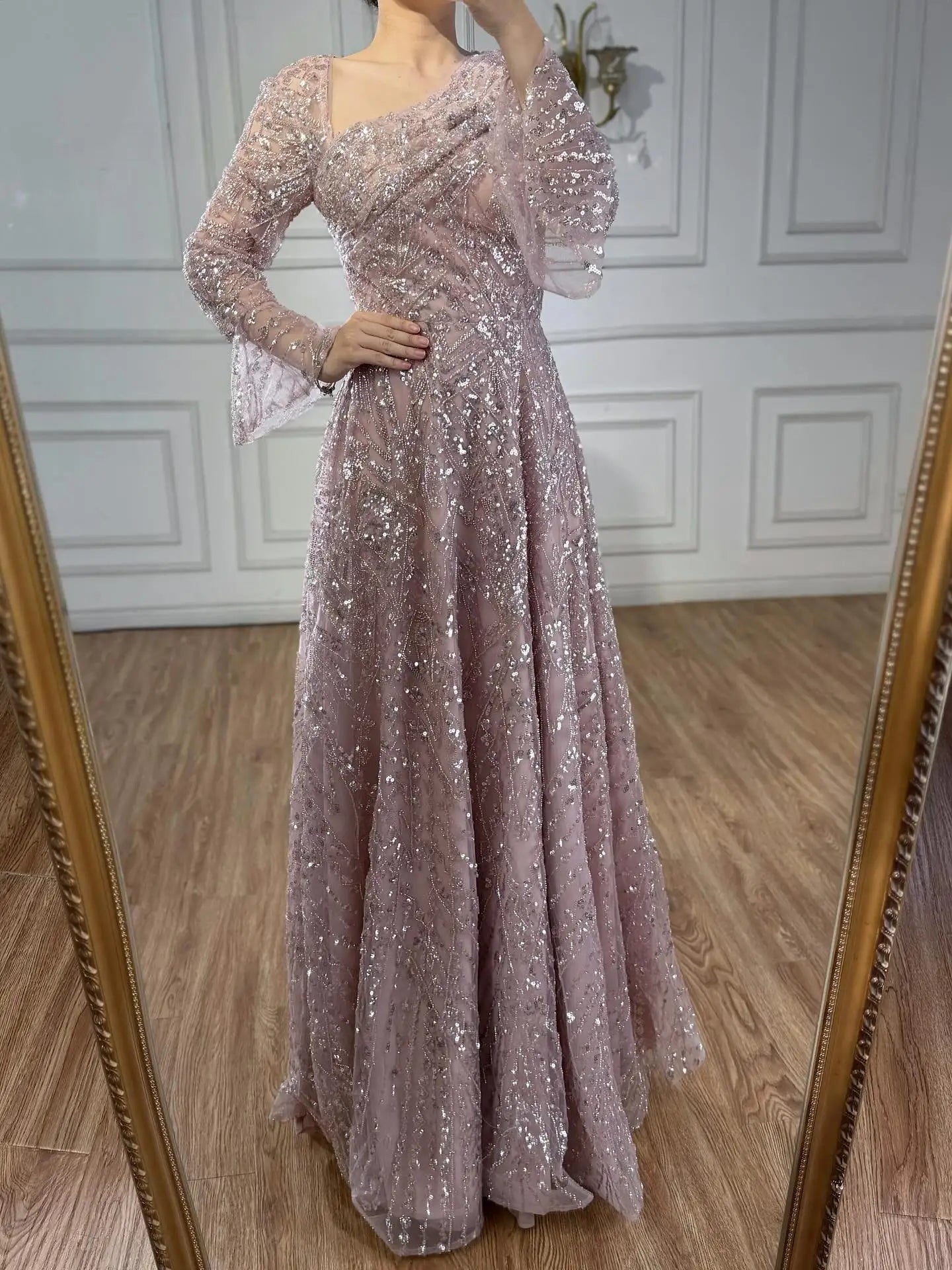 Luxury Turquoise Beaded A-Line Evening Dress with Puffy Sleeves LA73177