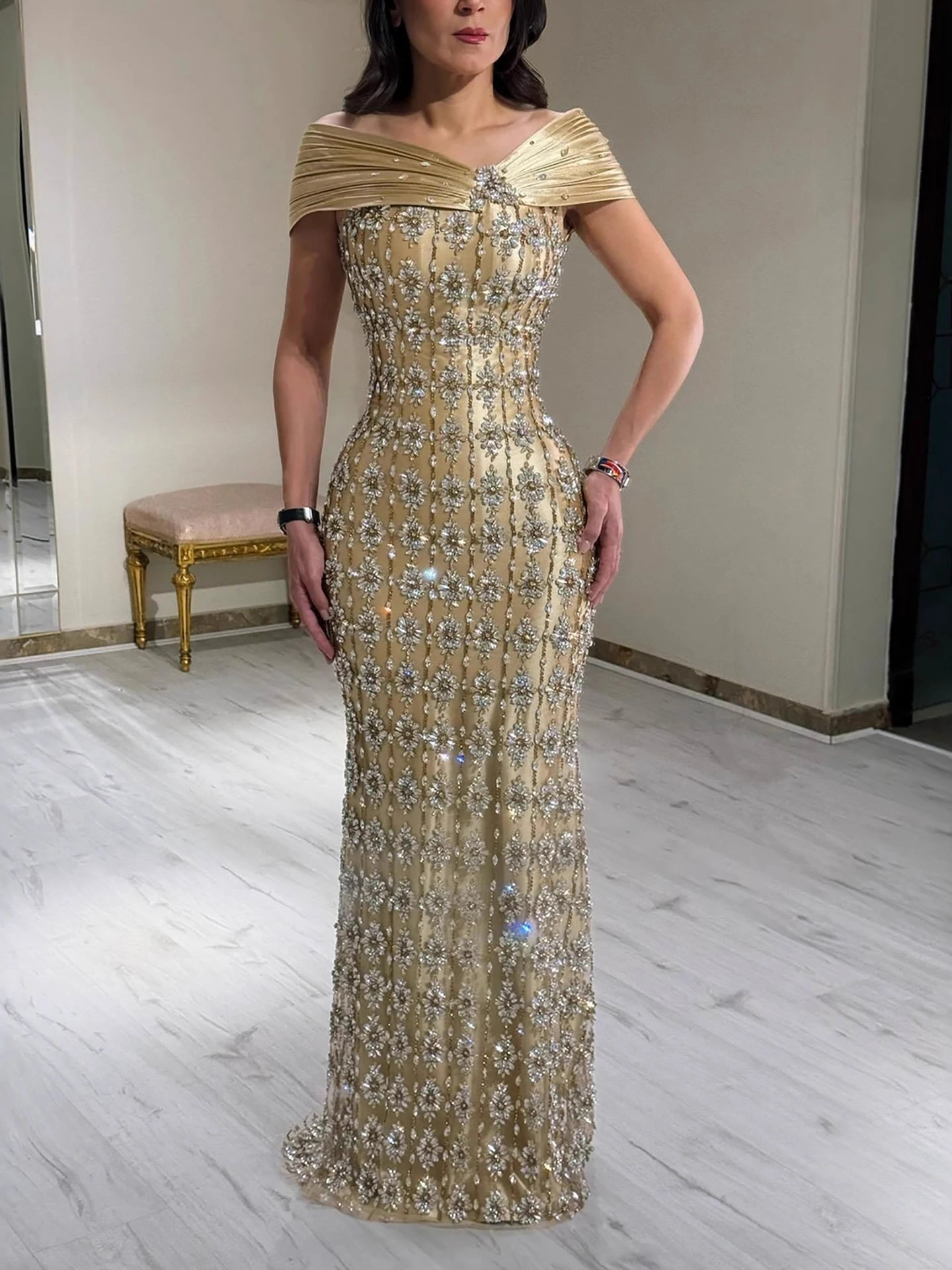 Luxury Gold Arabic Ruffles Evening Dress LA73362