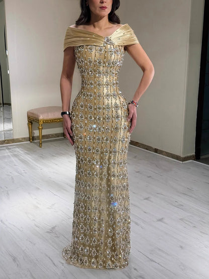 Luxury Gold Arabic Ruffles Evening Dress LA73362