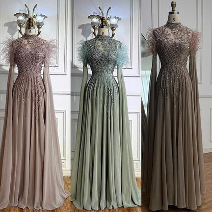 Luxury Pink Feather Beaded Evening Dress with Long Cape Sleeves LA72982