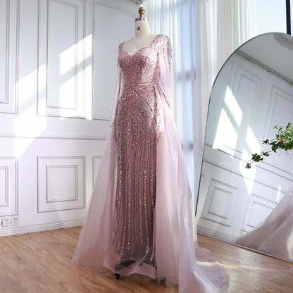 Luxury Dubai Pink Evening Dress Long Sleeve with Train LA73198