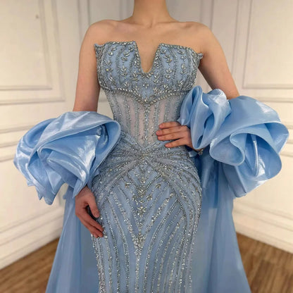 Luxury Light Blue Diamond Evening Dress With Ruffle Cape LA73141