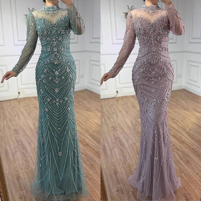 Luxury Pink Beaded Mermaid Evening Dress Long Sleeve LA73158