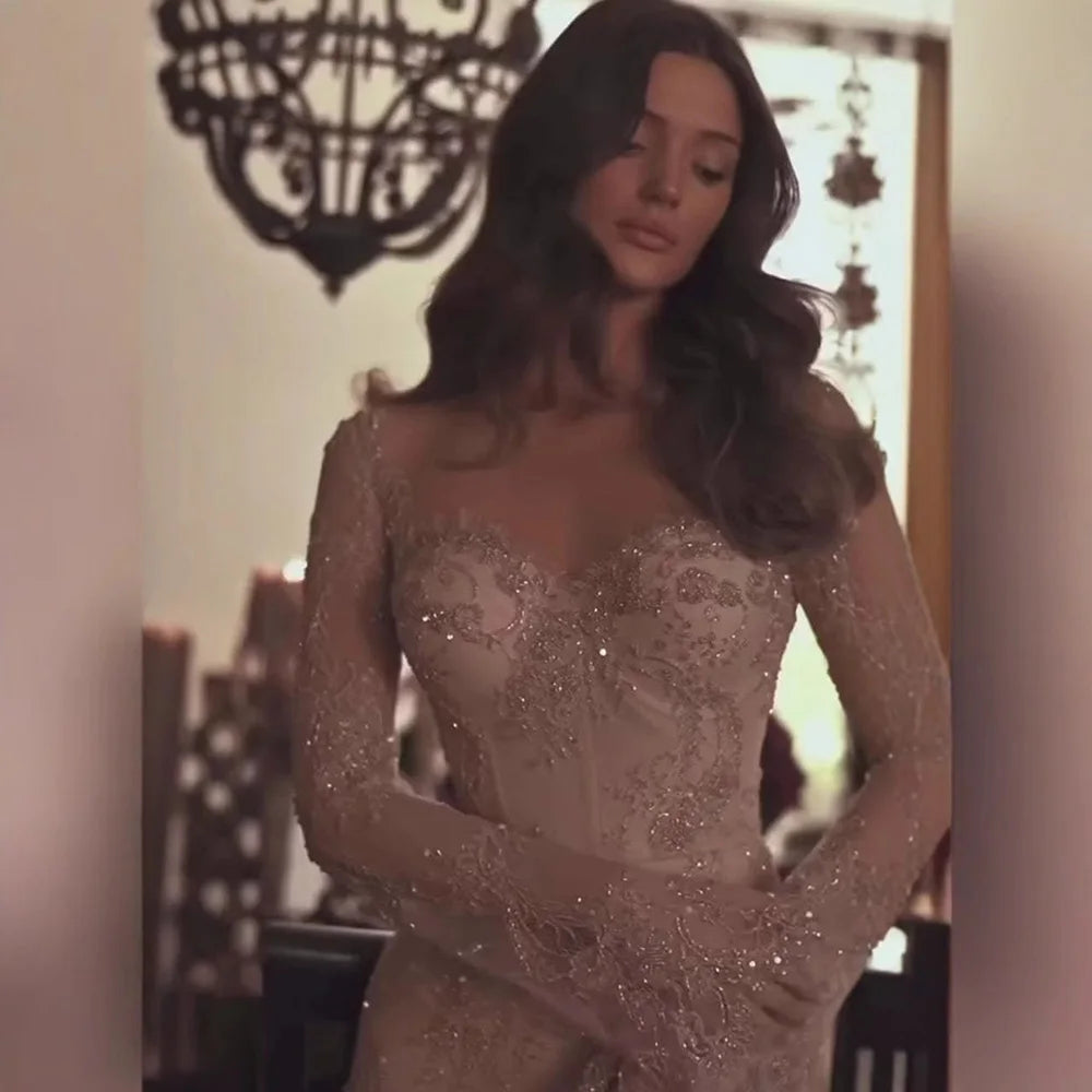 Luxury Arabic Lace Beaded Mermaid Evening Dress with Sleeves LA72545