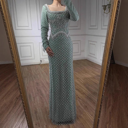 Modest Pearl Beaded Mermaid Evening Dress with Long Sleeves LA72919A