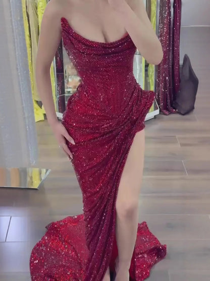 Luxury Evening Dress Wine Red Beaded High Slit Draped Mermaid Gown LA73390