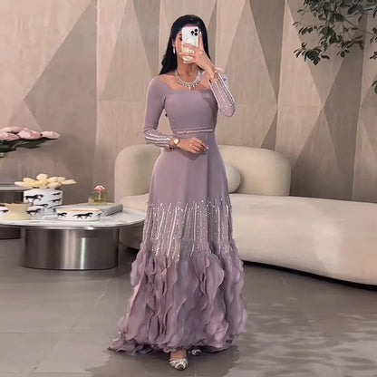 Luxury Lilac Ruffles Dubai Evening Dress Saudi Wedding Party LA72952