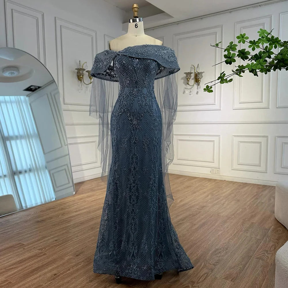 Luxury Blue Lace Off Shoulder Evening Dress for Women LA73125