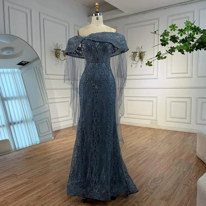 Luxury Blue Lace Off Shoulder Evening Dress for Women LA73125