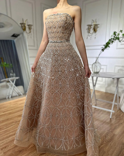 Luxury Dubai  Arabic Gray A Line Elegant Beaded Long Evening Dresses Gowns for Formal Occasion LA72755