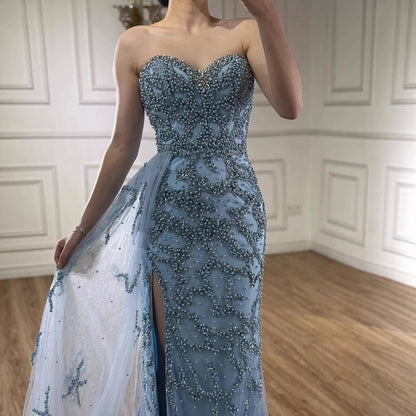 Luxury Dubai  Saudi Arabic Blue Beaded Evening Gown Formal Slit LA72877