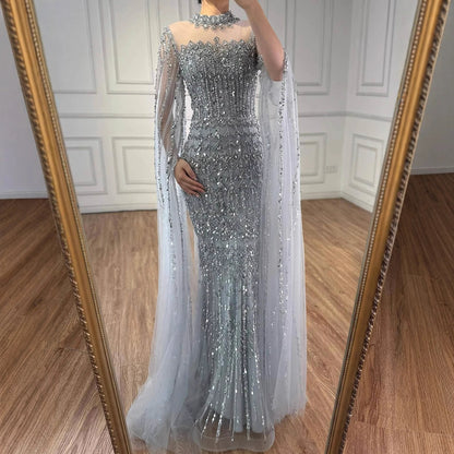 Luxury Nude Beaded Evening Dress with Long Cape Sleeves LA72714A