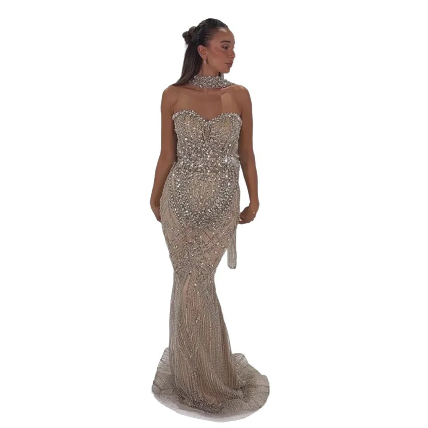 Luxury Nude Crystal Beaded Mermaid Evening Dress LA73375