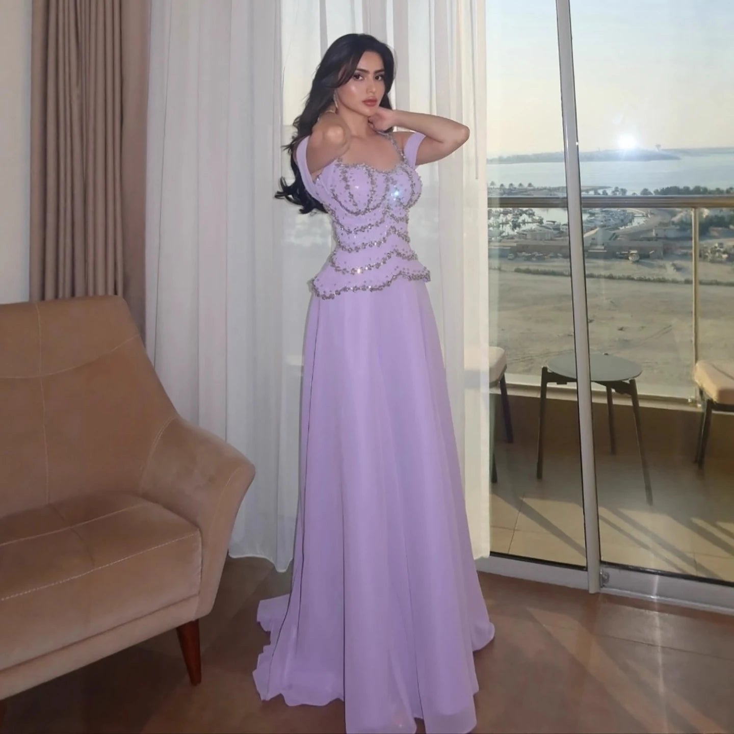 Luxury Arabic Lilac Chiffon Beaded A-Line Evening Dress LA73327