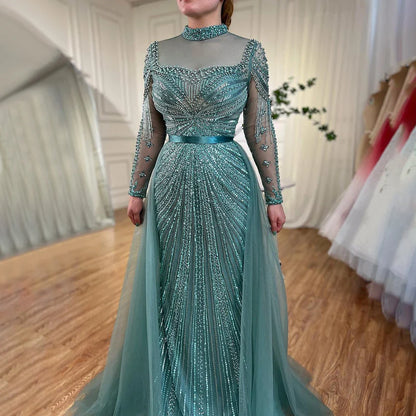 Luxury Nude Modest Beaded Tassel Mermaid Evening Dress LA71533