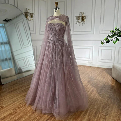 Serene Hill 2025 Arabic Blue Cape Sleeves A-Line Beaded Evening Dresses Long Celebrity Gowns for Women Wedding Party LA72427