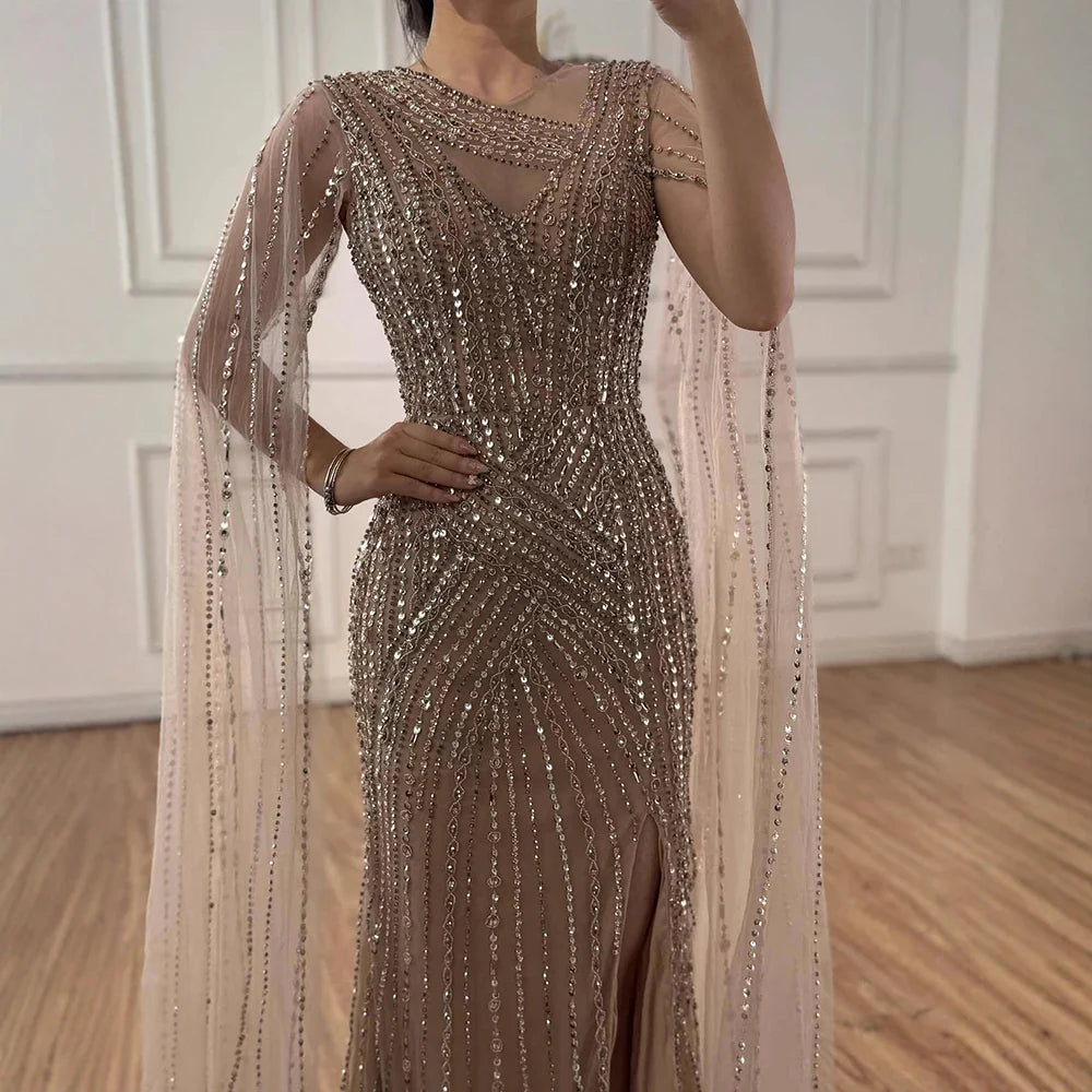 Luxury Nude Beaded Mermaid Evening Dress with Cape Sleeves LA71429B