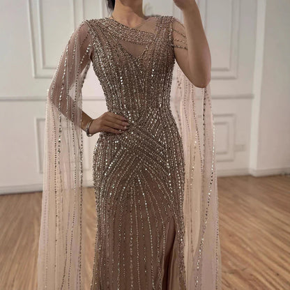 Luxury Nude Beaded Mermaid Evening Dress with Cape Sleeves LA71429B