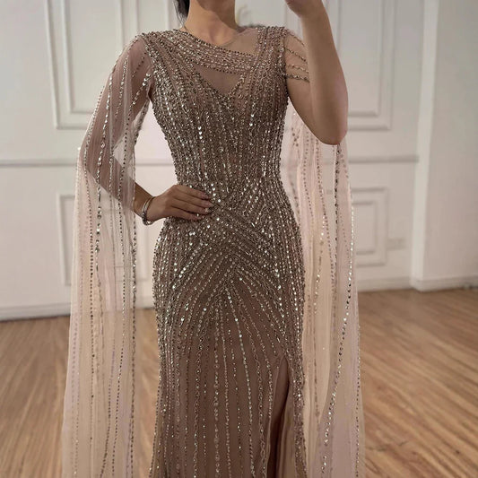 Luxury Nude Beaded Mermaid Evening Dress with Cape Sleeves LA71429B
