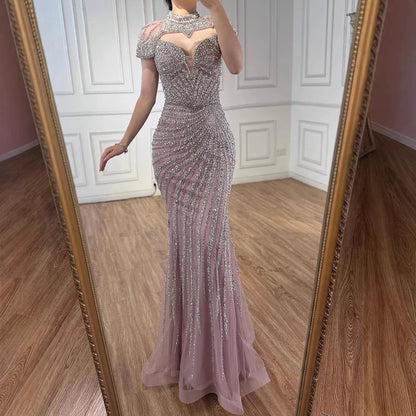 Nude Mermaid Evening Dress with Detachable Beaded High Neck LA73087