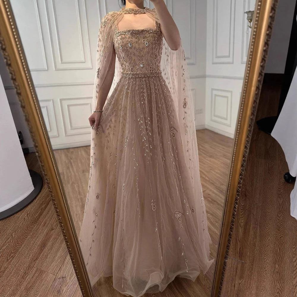 Nude Square Neck Beaded A-Line Evening Dress LA72835