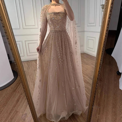 Nude Square Neck Beaded A-Line Evening Dress LA72835