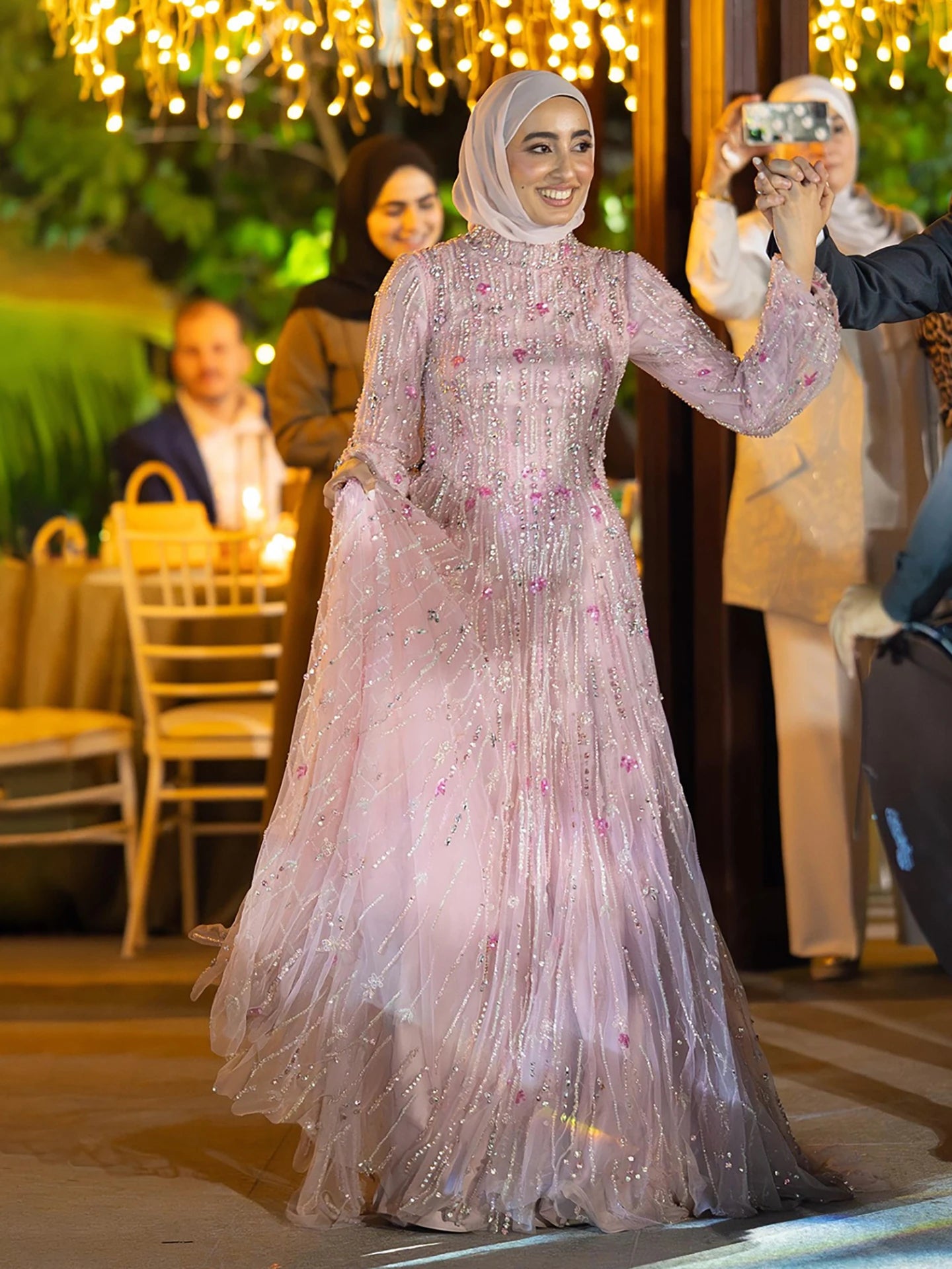 Luxury Pink Arabic Modest Muslim A-Line Crystal Beaded Evening Dress LA73363