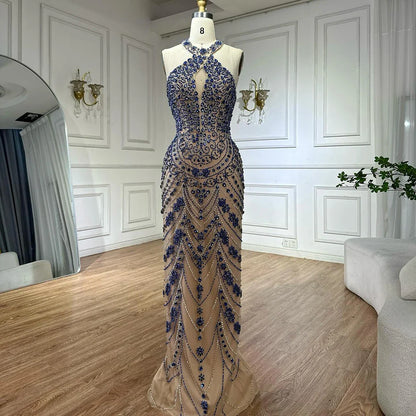 Luxury Blue Halter Crystal Beaded Evening Dress LA72760