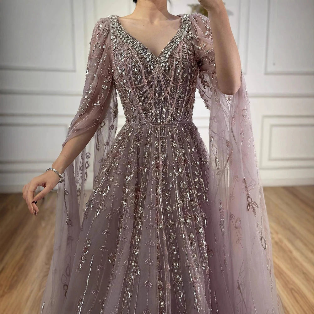 Luxury Nude Beaded Evening Dress with Cape Sleeves for Formal Occasion LA72764A
