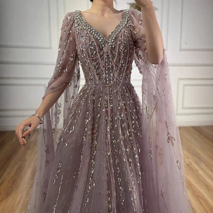 Luxury Nude Beaded Evening Dress with Cape Sleeves for Formal Occasion LA72764A
