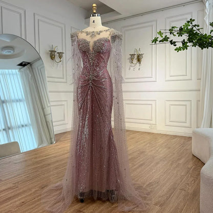 Luxury Pink Beaded Mermaid Evening Dress with Cape LA73106