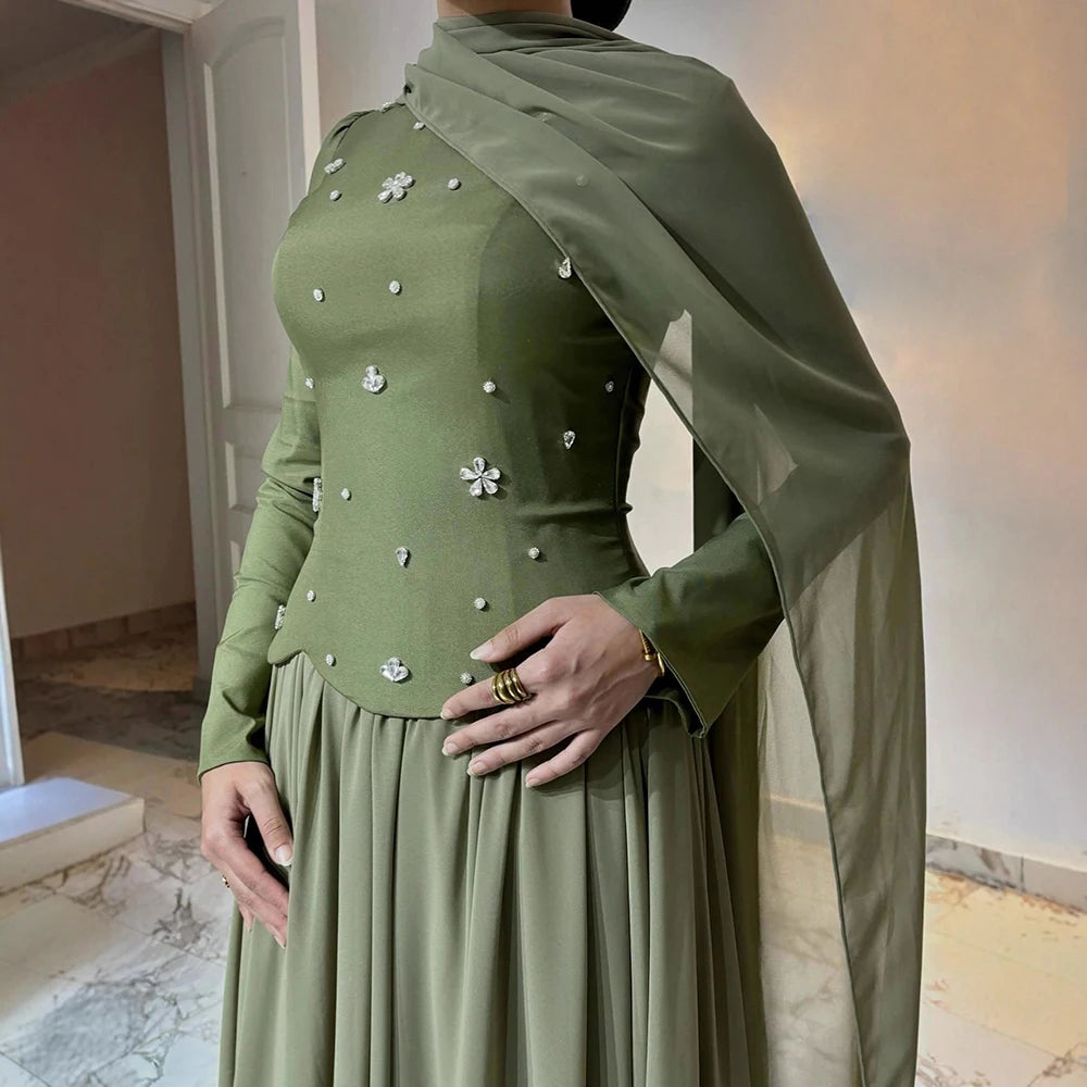 Luxury Olive Green Beaded Evening Dress with Cape LA73217