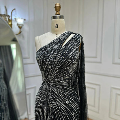 Luxury Black One Shoulder Mermaid Evening Dress with High Slit LA72829