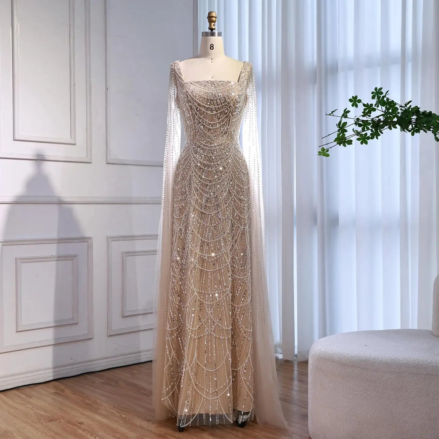 Luxury Dubai Nude Modest Muslin A-Line Evening Dress Plus Size LA72590B