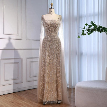 Luxury Dubai Nude Modest Muslin A-Line Evening Dress Plus Size LA72590B