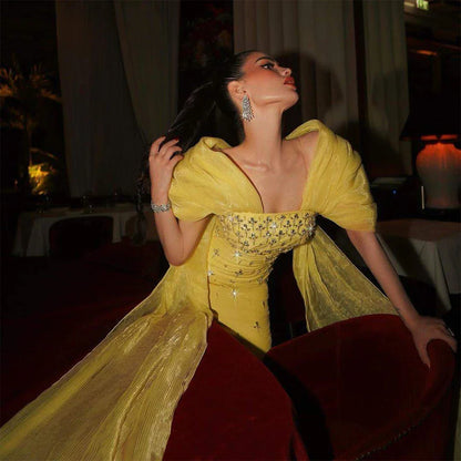 Luxury Dubai  Elegant Yellow Saudi Arabic Ankle Length Evening Gown Beaded Dress for Formal Occasion LA72756
