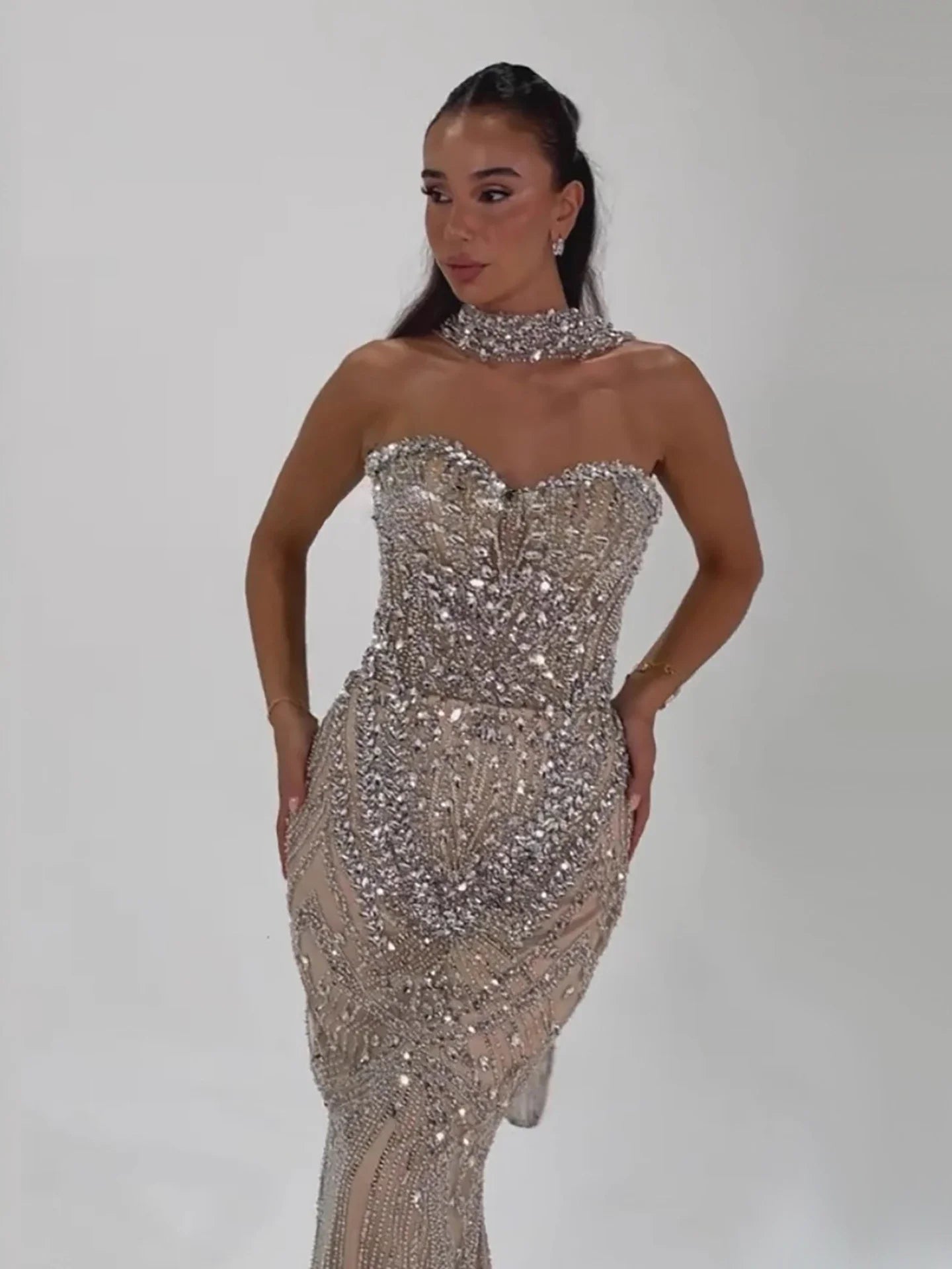 Luxury Nude Crystal Beaded Mermaid Evening Dress LA73375