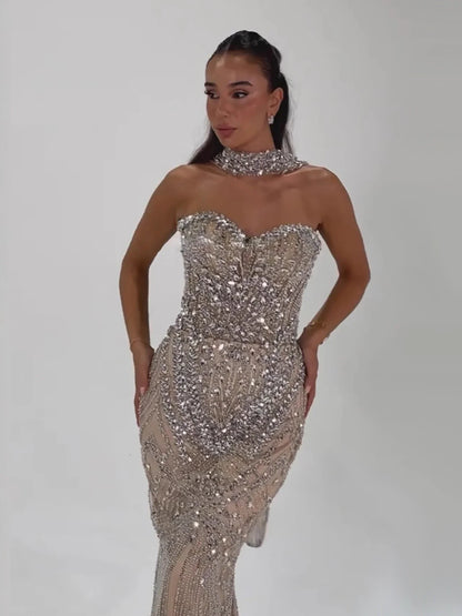 Luxury Nude Crystal Beaded Mermaid Evening Dress LA73375