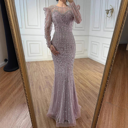 Luxury Dubai Pink Elegant Pearls Beaded Mermaid Evening Dress LA72826