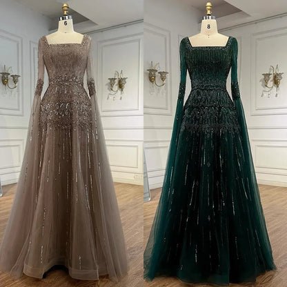 Luxury Green A-LineBeaded  Evening Dress with Cape Sleeves LA73089