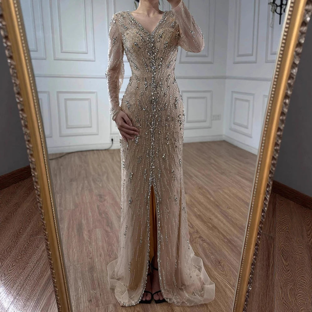 Luxury Turquoise Crystal Beaded Evening Dress Elegant Slit Gown LA73179