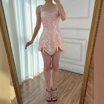 Luxury Nude Pearl Beaded A-Line Mini Evening Dress LA73211