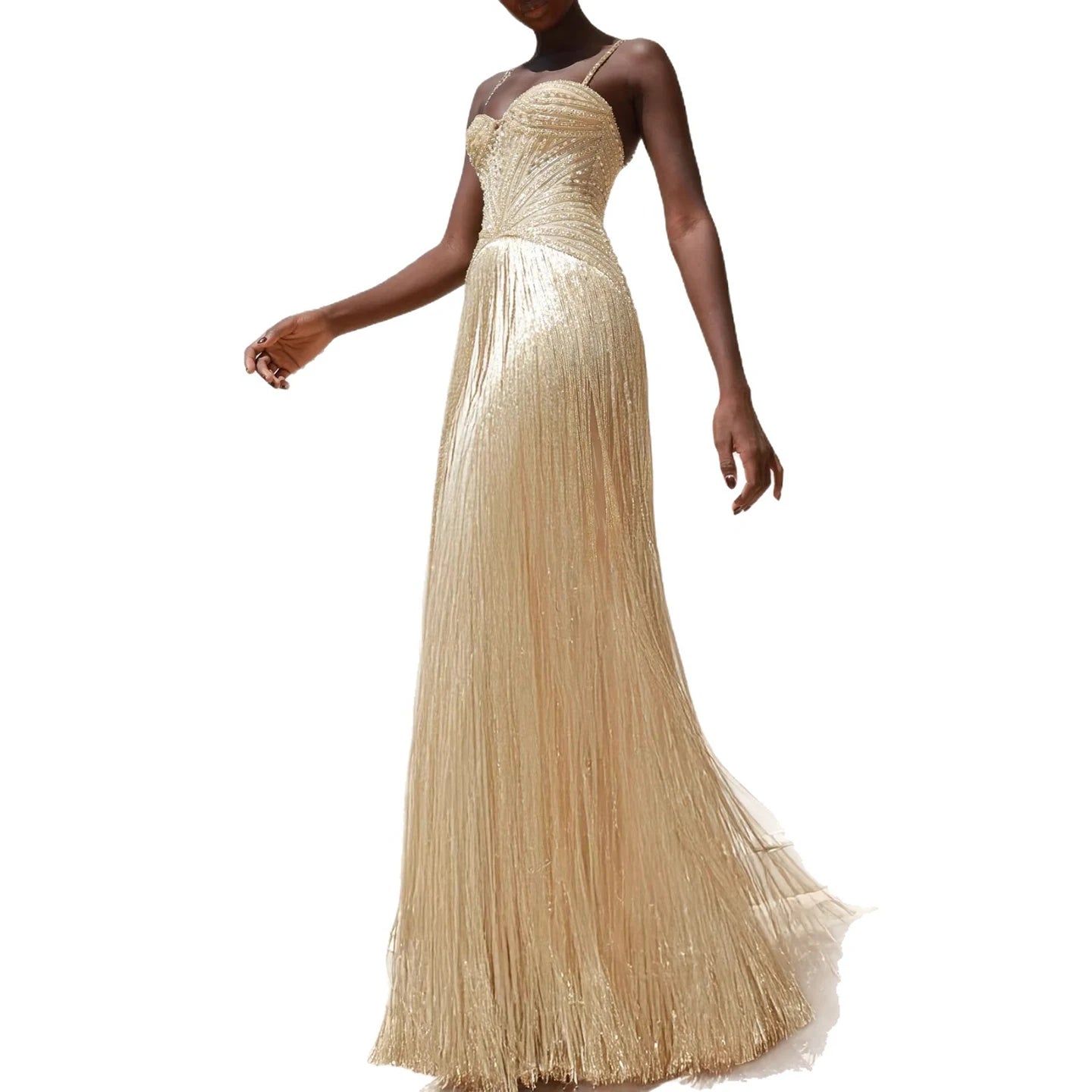 Luxury Arabic Gold Mermaid Beaded Tassel Evening Dress LA73446