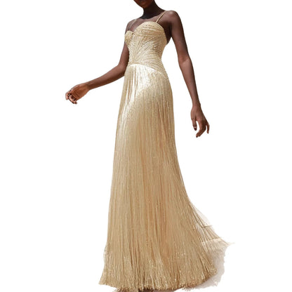 Luxury Arabic Gold Mermaid Beaded Tassel Evening Dress LA73446