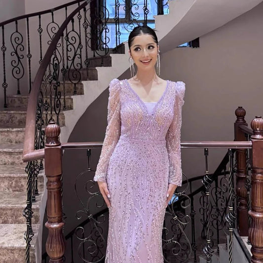Luxury Lilac Mermaid Beaded Evening Dress LA71931