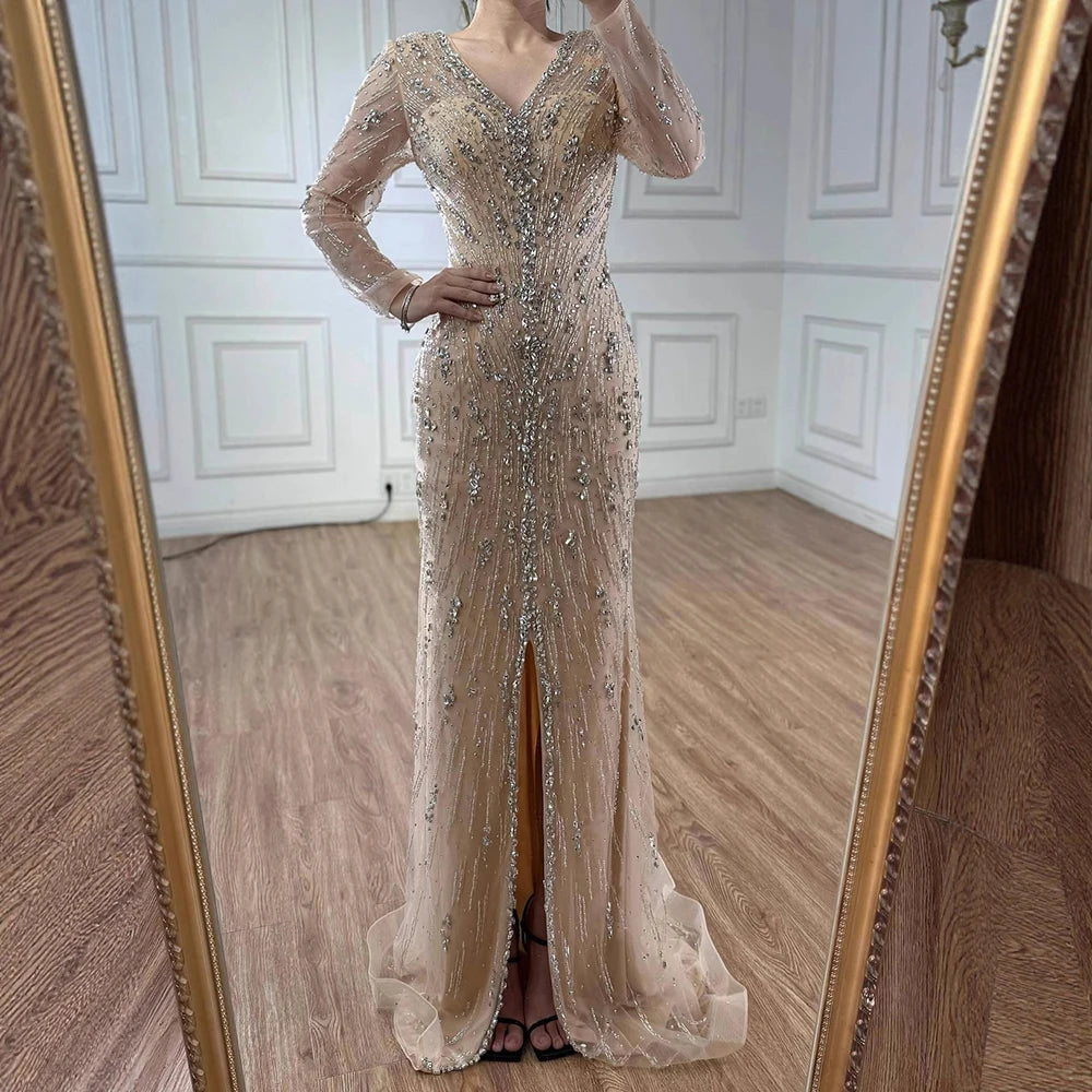 Luxury Turquoise Crystal Beaded Evening Dress Elegant Slit Gown LA73179